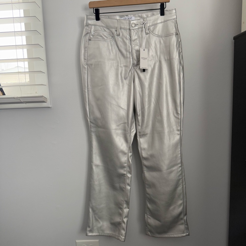 Judy‎ Blue 9/29 NEW Faux Leather Metallic Sliver Pants High Waisted Office - Picture 2 of 10